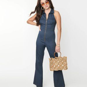 Unique Vintage Smak Parlour Denim Bengaline Front Zipper Halter Jumpsuit Size 2X